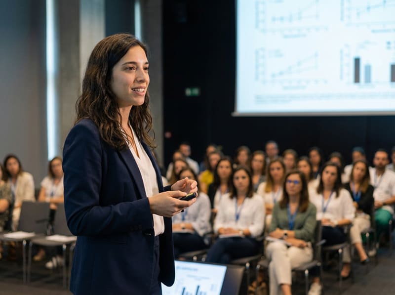Ana durante uma palestra sobre os resultados